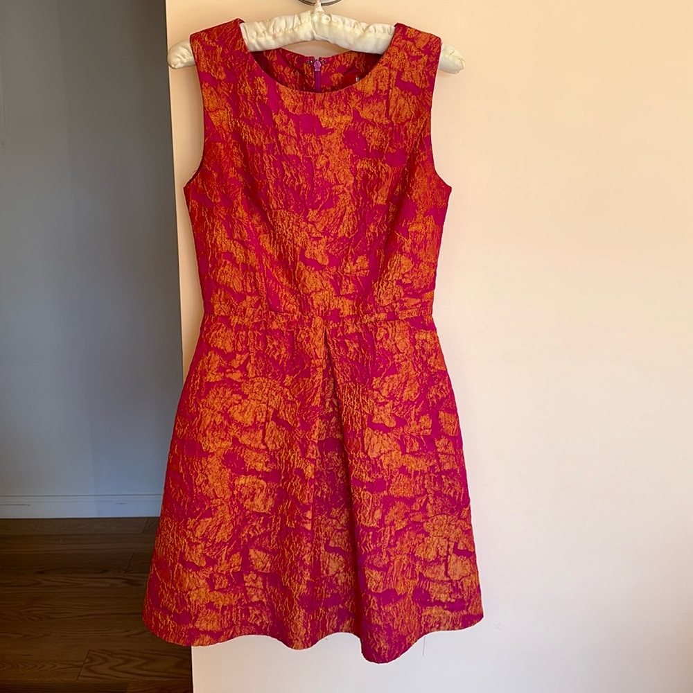 Monique Lhuillier fit and flare dress in pink and orange amazing fabric